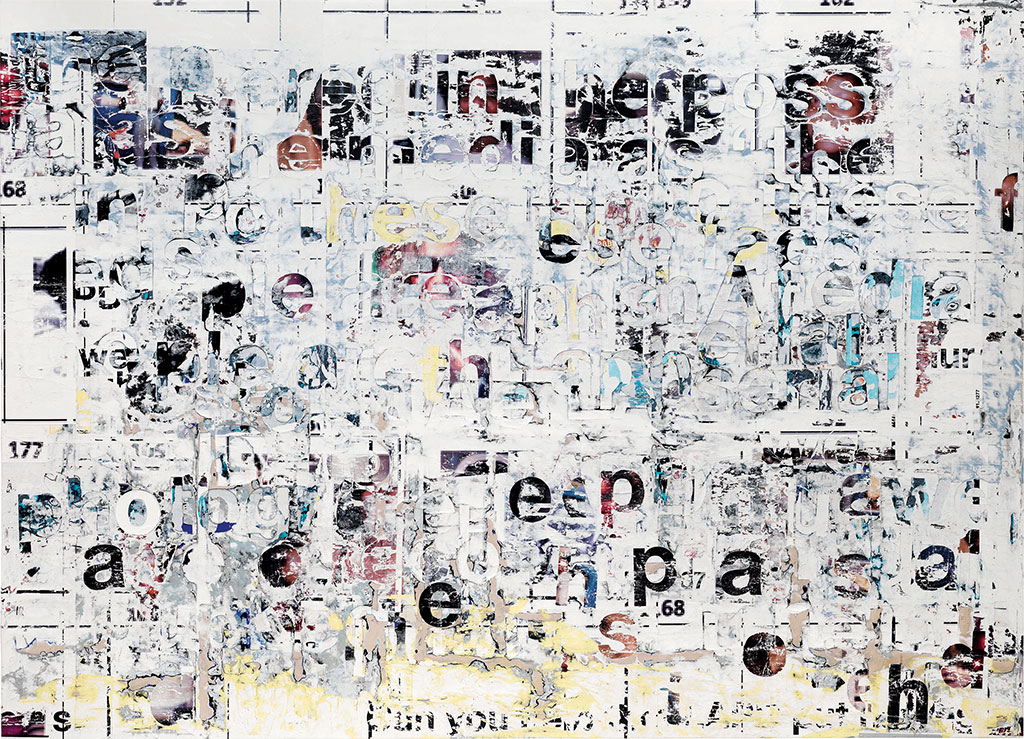 MARK BRADFORD, A Thousand Words, 2011, Mixed media collage on canvas, 104 x 144 in. (264.2 x 365.8 cm)